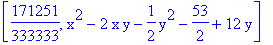 [171251/333333, x^2-2*x*y-1/2*y^2-53/2+12*y]